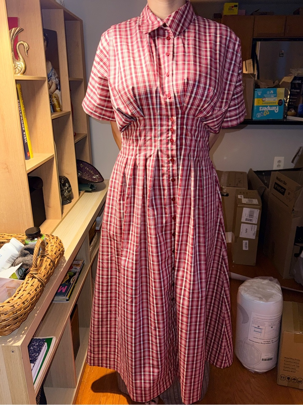 Anthropologie Red Plaid Button-Front Tobie Shirt Dress by Exquise